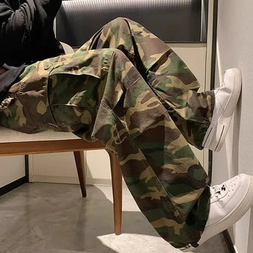 Trendy Vintage Camouflage Cargo Pants Men's Loose-fit Straight-leg High Street Hip Hop Ins Hong Kong Style Wide-leg Trousers